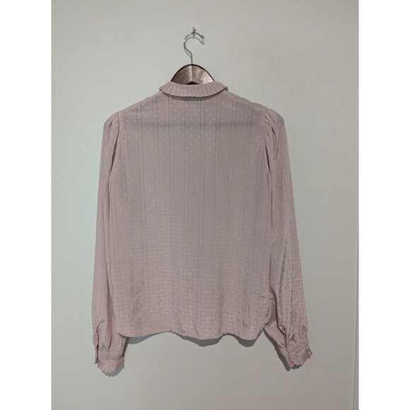 Vintage Silky Ruffle Puff Sleeve Blouse Long Sleeve Pink Jacquard Dot Campus M - Picture 3 of 5